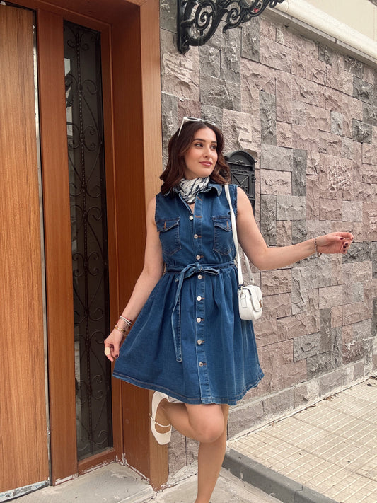 Eteği Volanlı Kuşaklı Denim Elbise KOYU MAVİ
