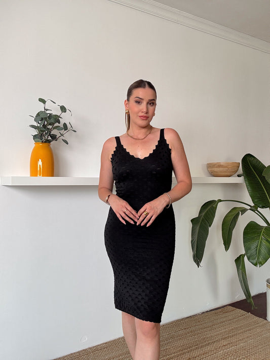 Petek desen triko elbise SİYAH