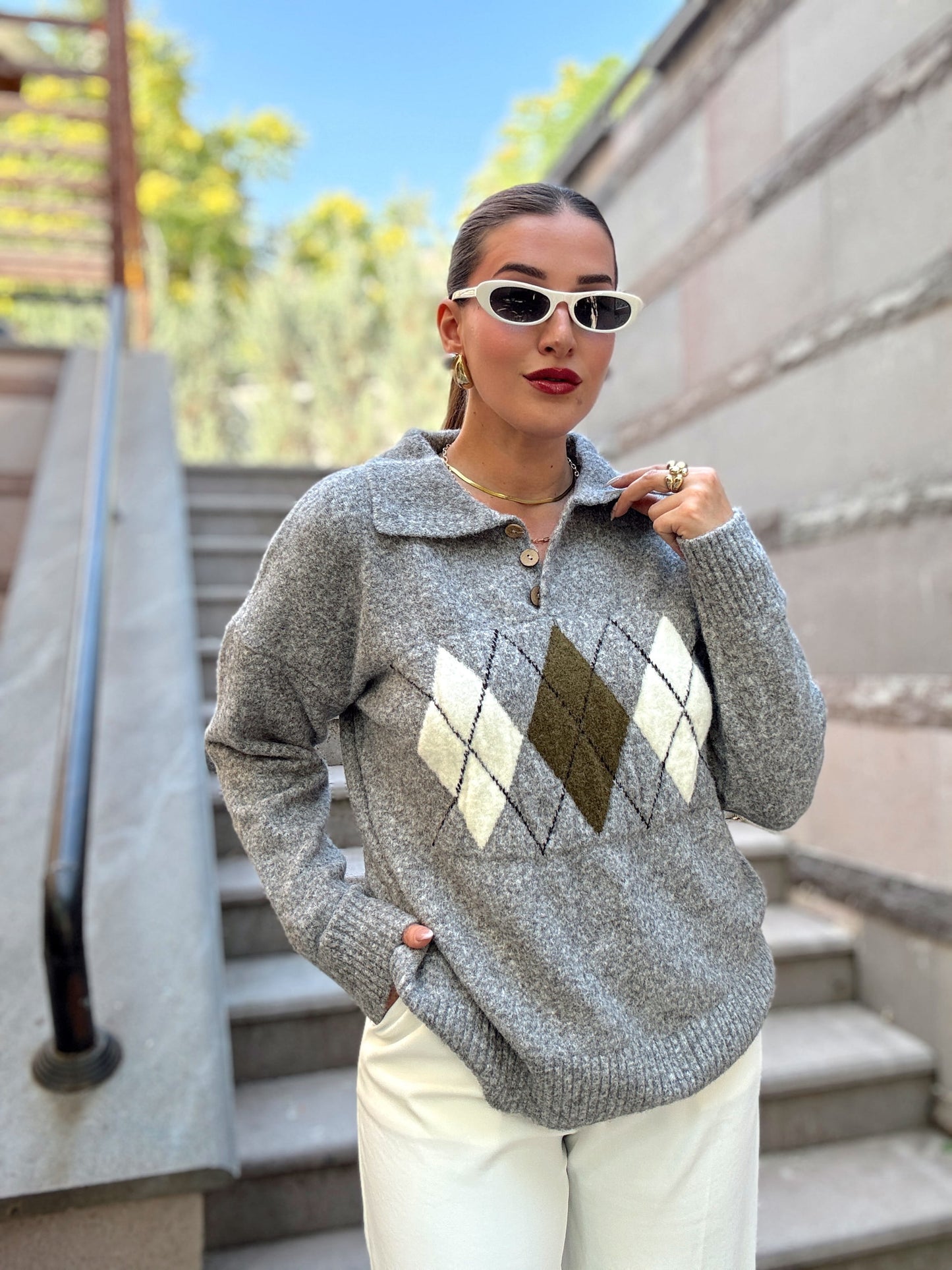 Baklava Desenli Premium Polo yaka kazak Gri