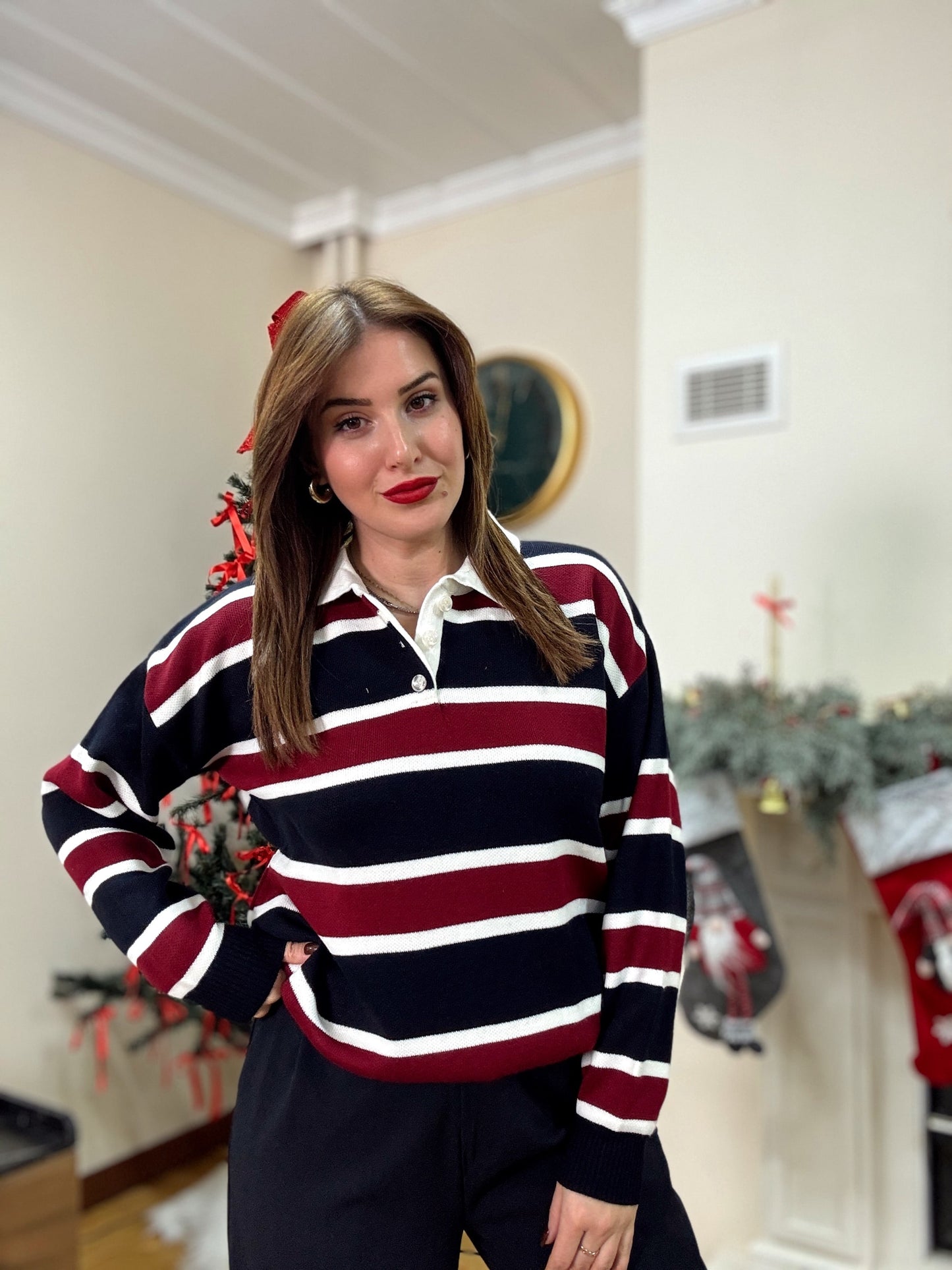 Düğmeli polo yaka triko kazak BORDO-LACİVERT