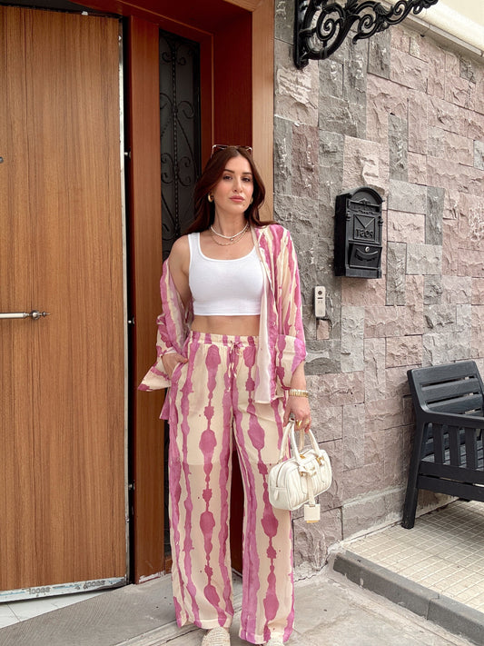 Desenli şifon içi astarlı ikili takım PEMBE