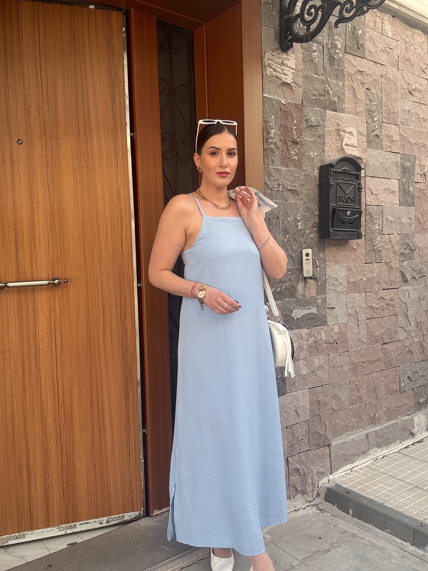 Ayarlanabilir ince askılı keten elbise BEBE MAVİ