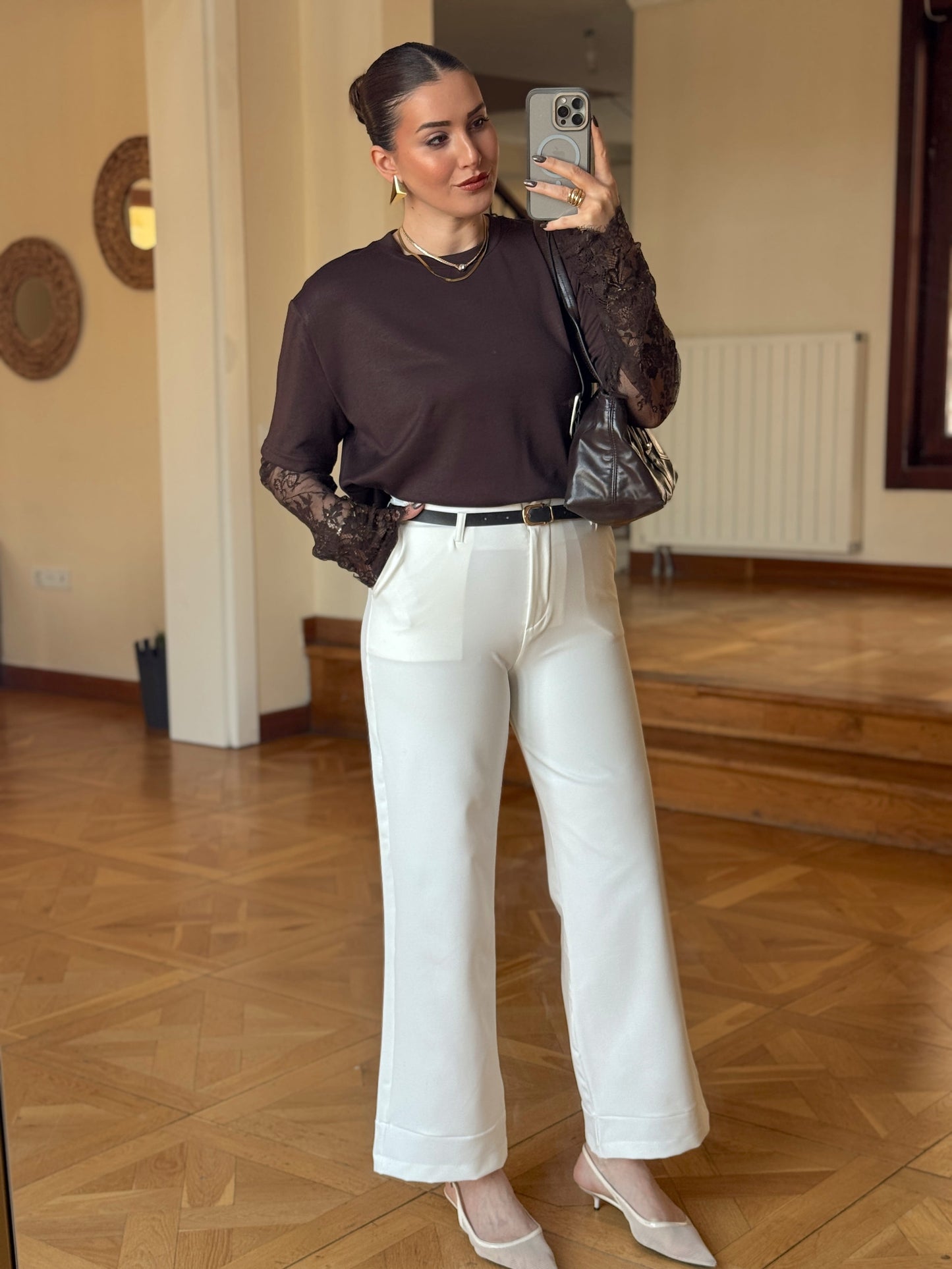 Kemerli premium kumaş pantolon Beyaz