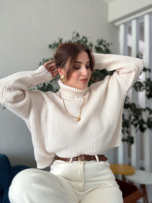 Balıkçı Yaka Selanik Örgü Kazak LATTE