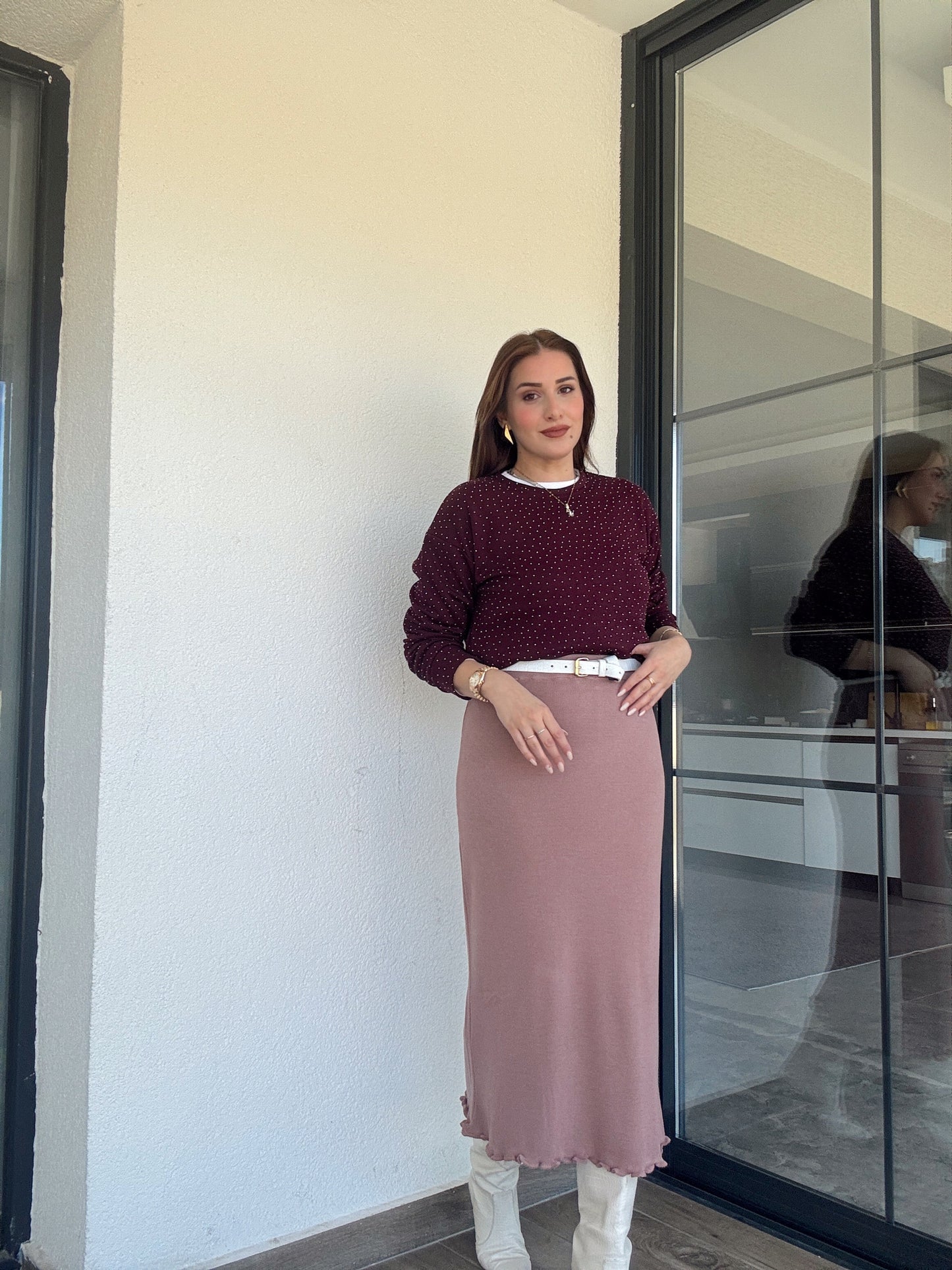 Volanlı Triko Etek - PUDRA