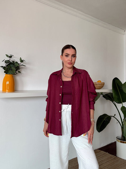 Crush çizgili atletli basic gömlek BORDO