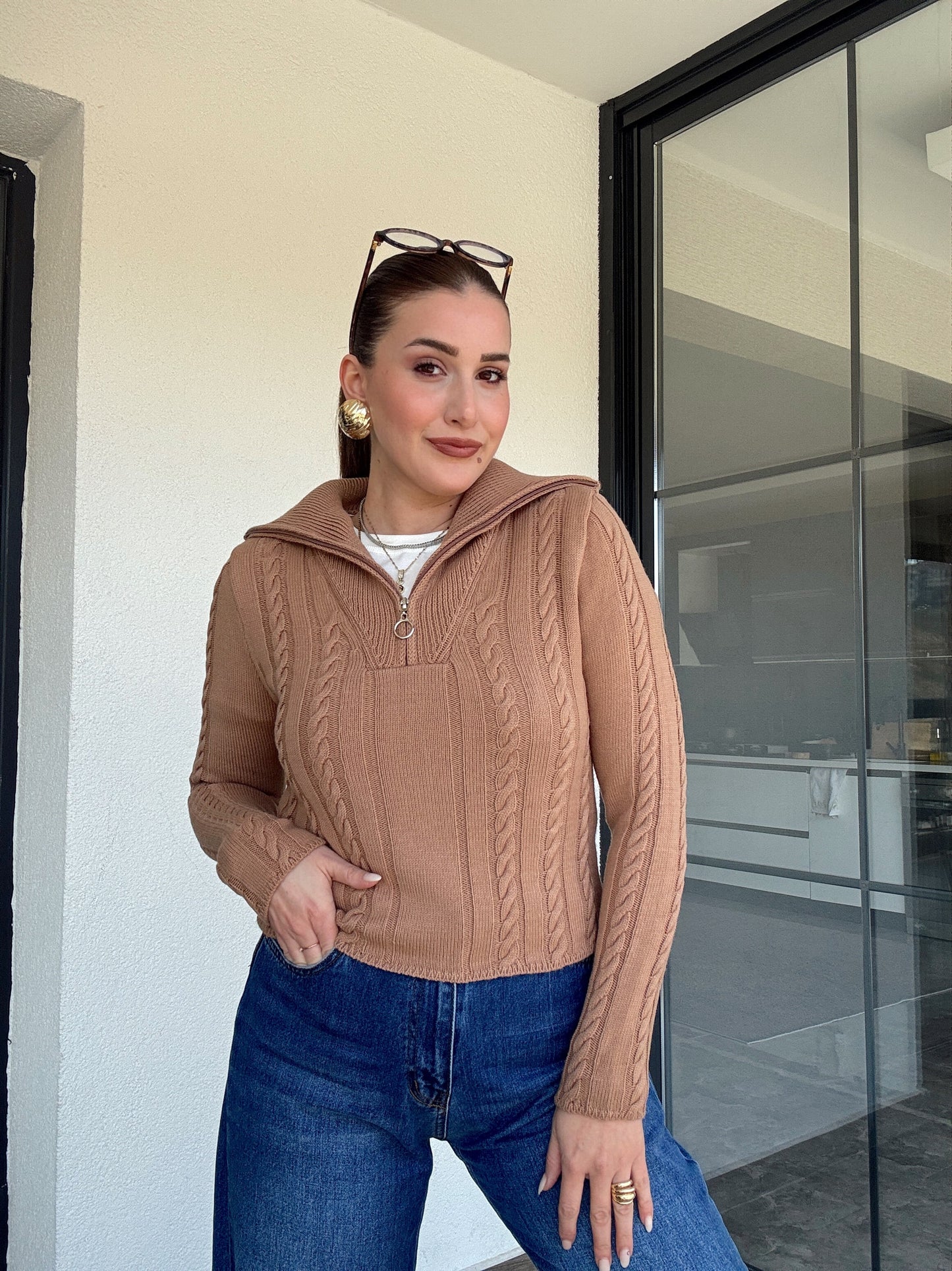 Saç Örgü Fermuarlı Spor Bluz - CAMEL