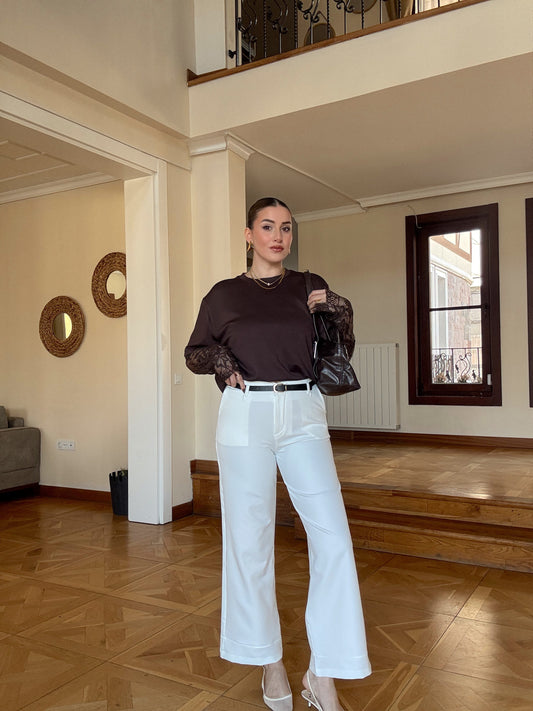 Kemerli premium kumaş pantolon Beyaz