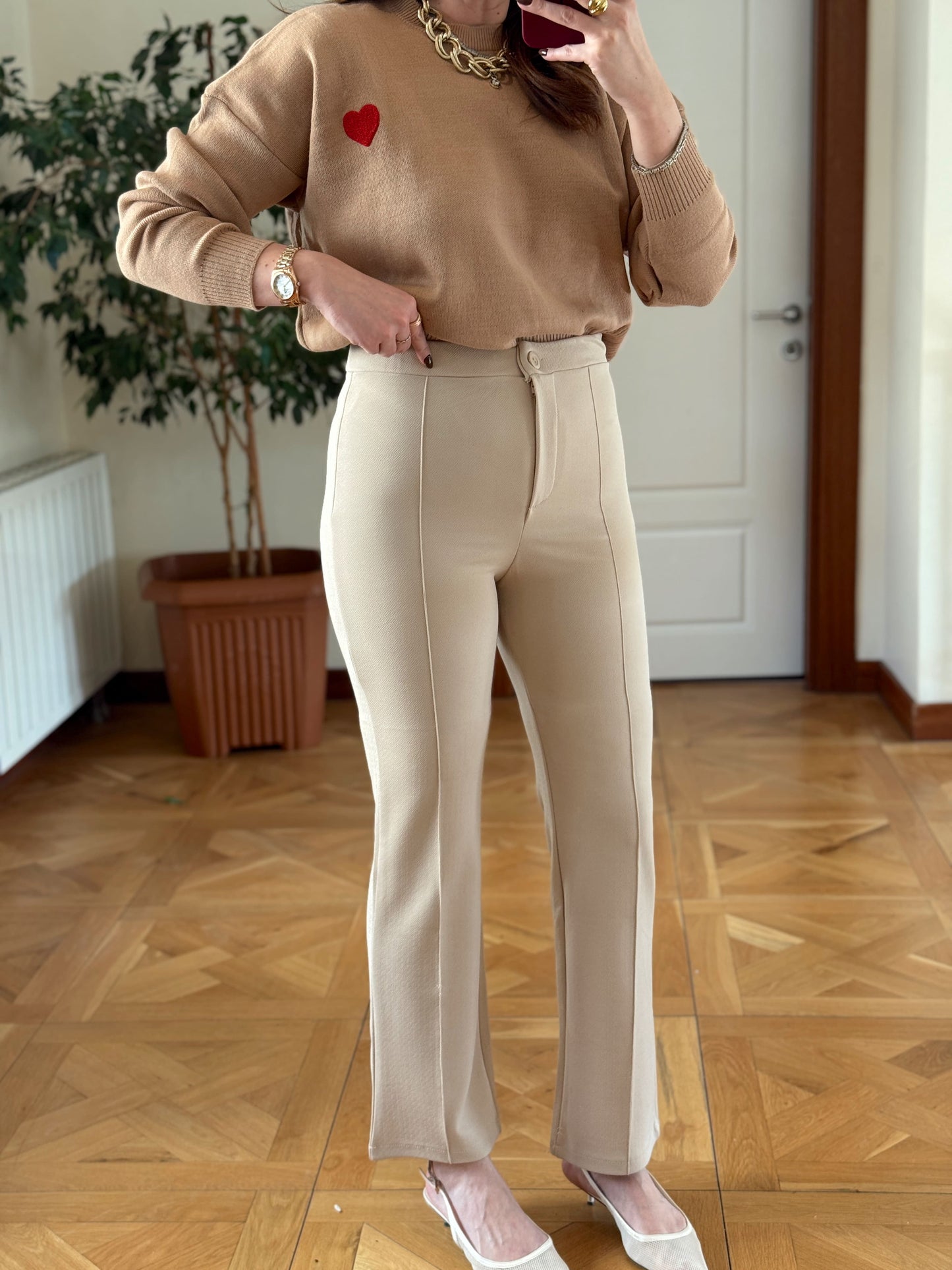 Krep kumaş çimalı pantolon-TAŞ