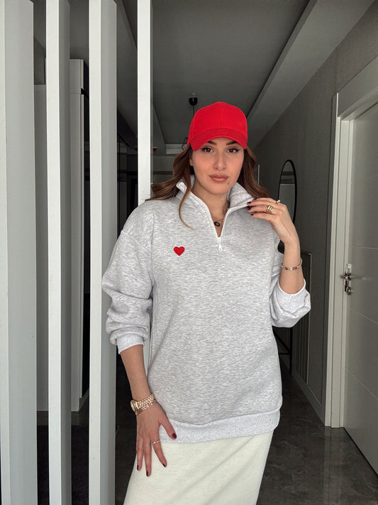 Mini Kalp İşleme Yarım Fermuar 3 İplik Sweatshirt - GRİ