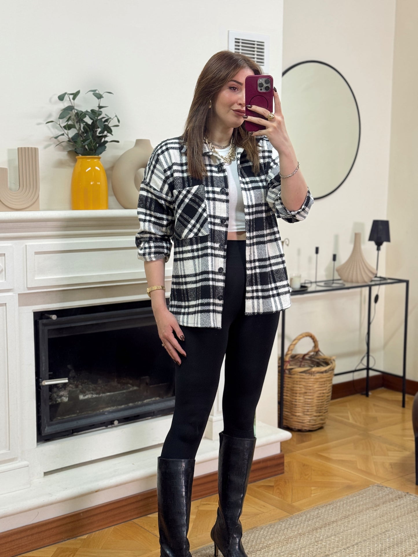 Ekose desen tek cepli gömlek SİYAH-BEYAZ