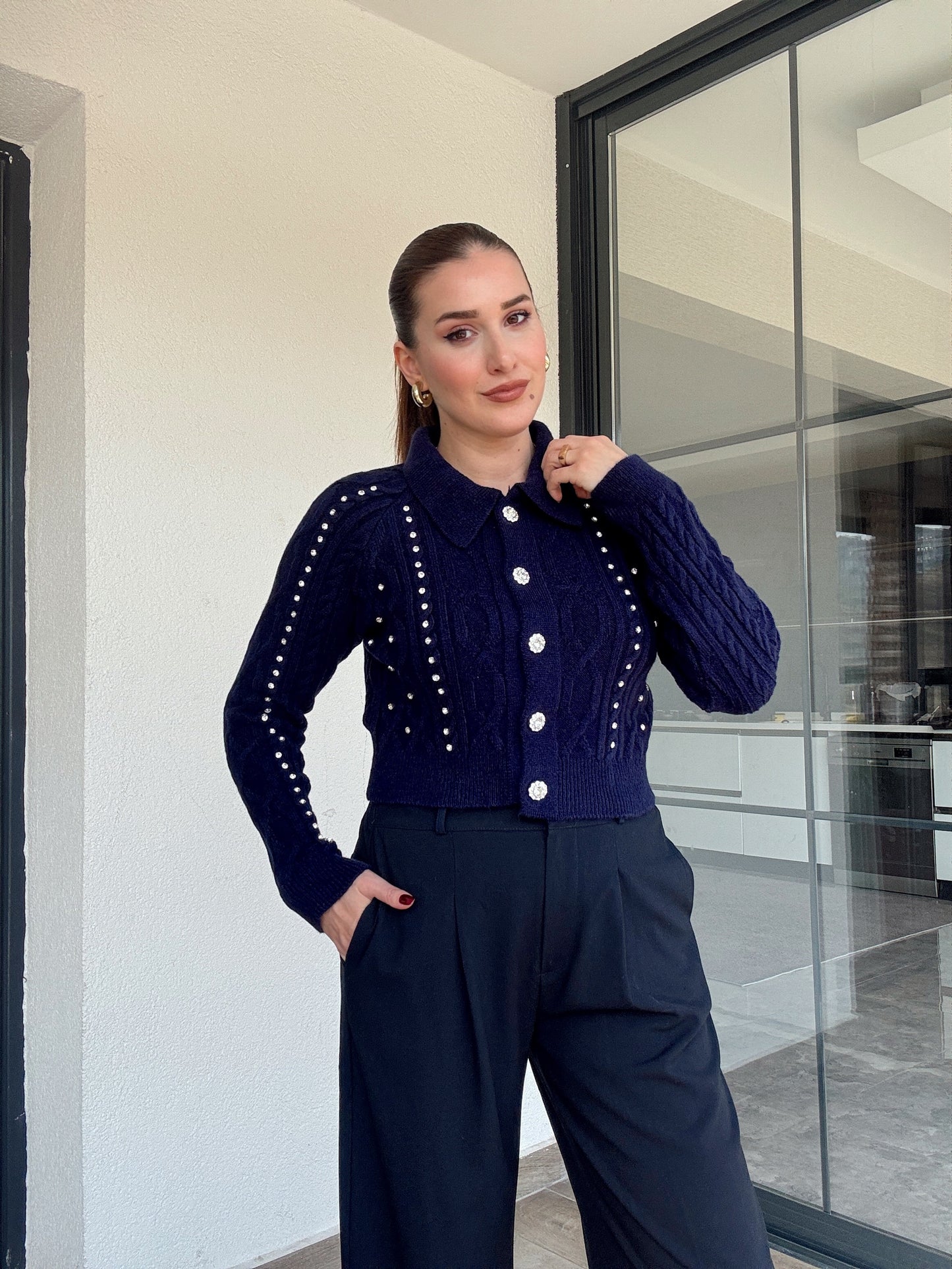 Örgü taşlı ceket-LACİVERT