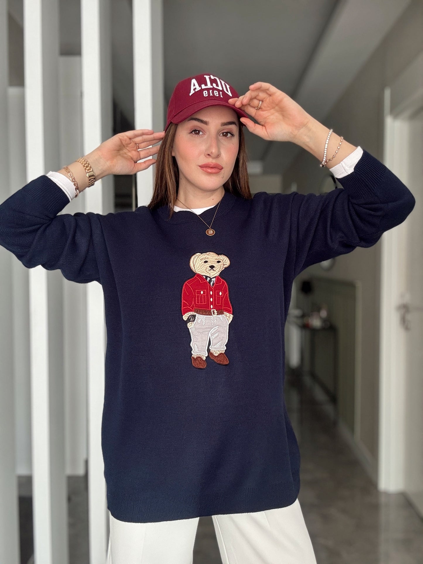 Oversize Ayıcık İşlemeli Kazak LACİVERT