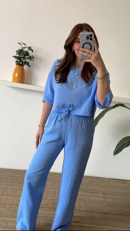 Keten uzun kol crop pantolon ikili takım MAVİ
