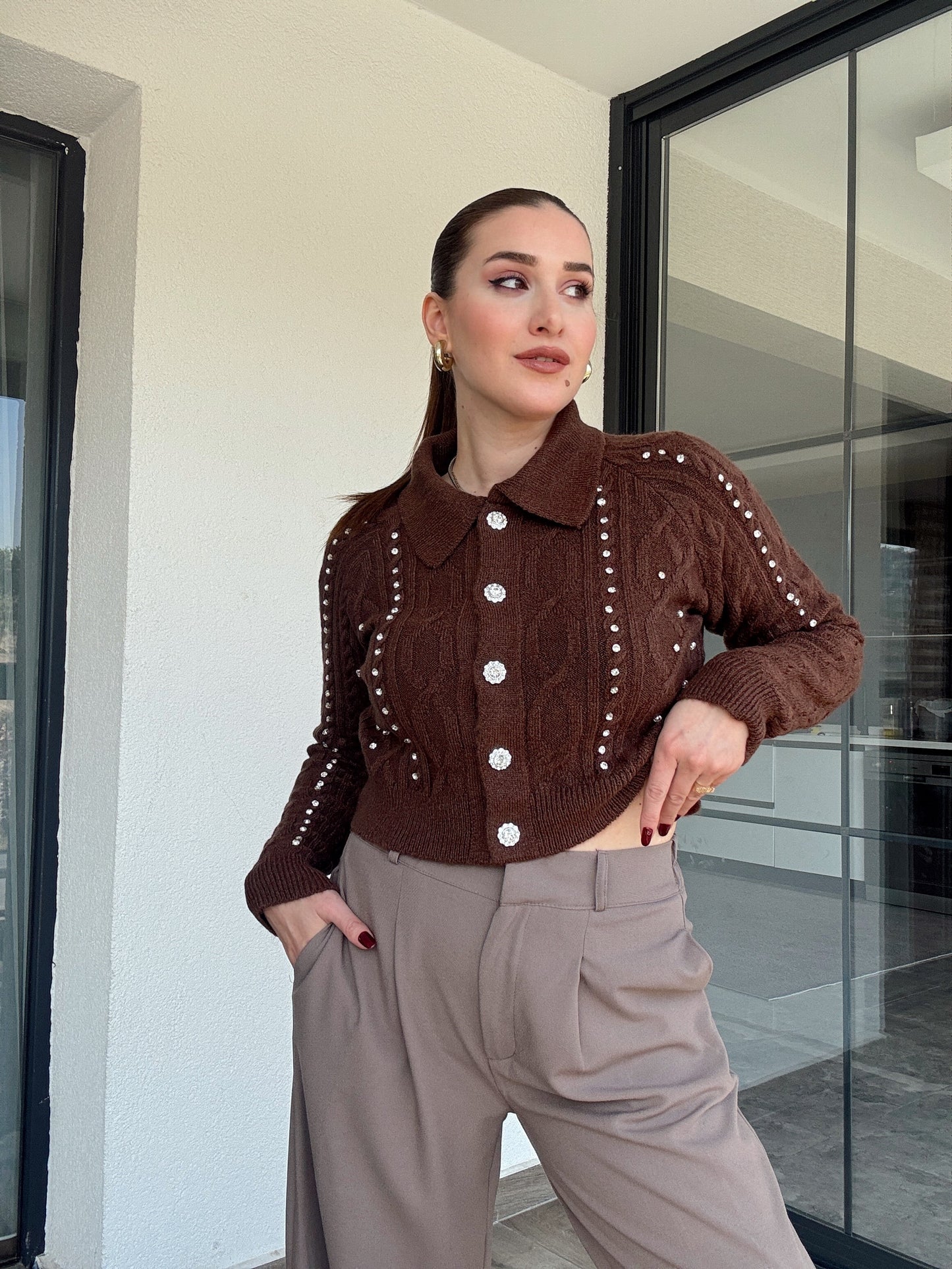 Örgü taşlı ceket-KAHVERENGİ