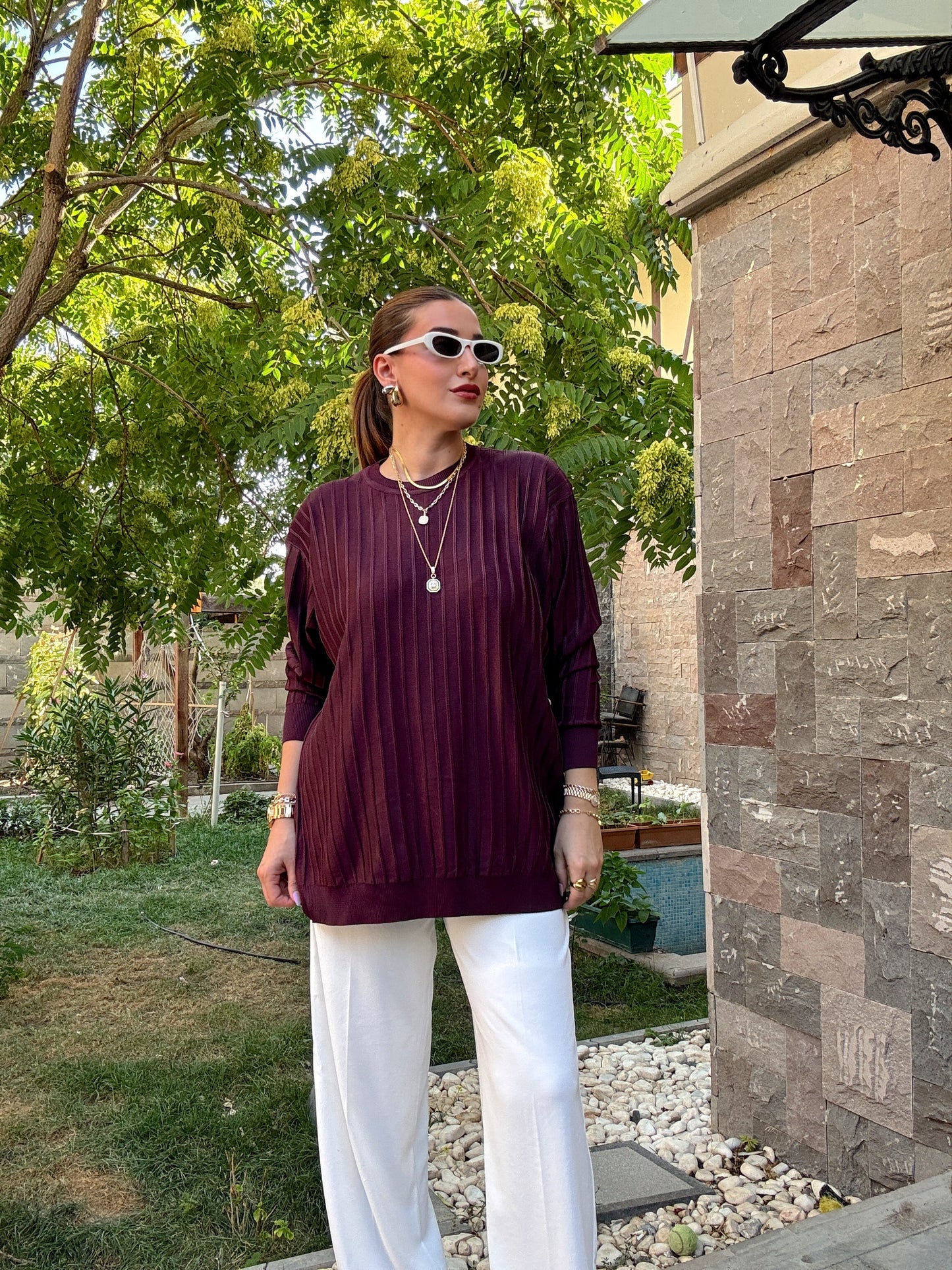 Şerit detaylı oversize premium kazak Mürdüm