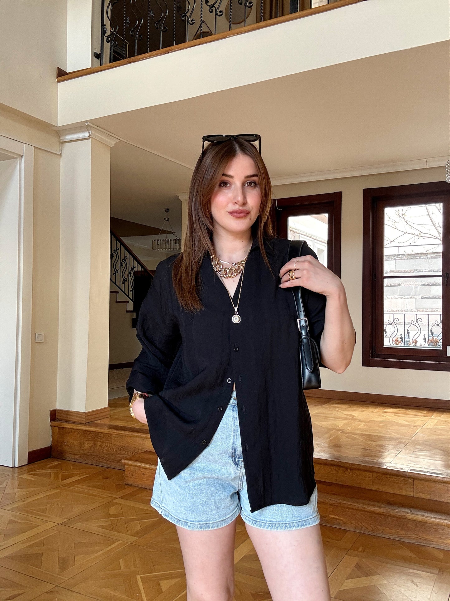 Kalın biye oversize gömlek Siyah