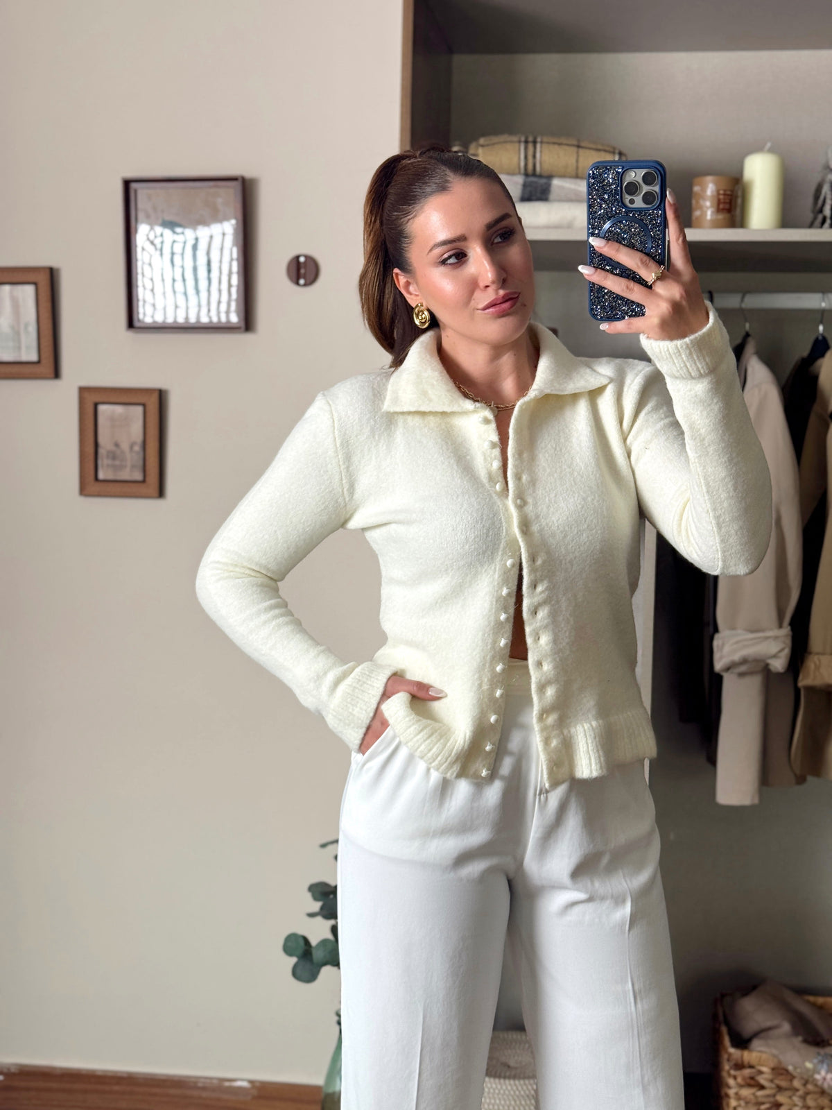 Polo yaka yumoş Pinterest hırka EKRU