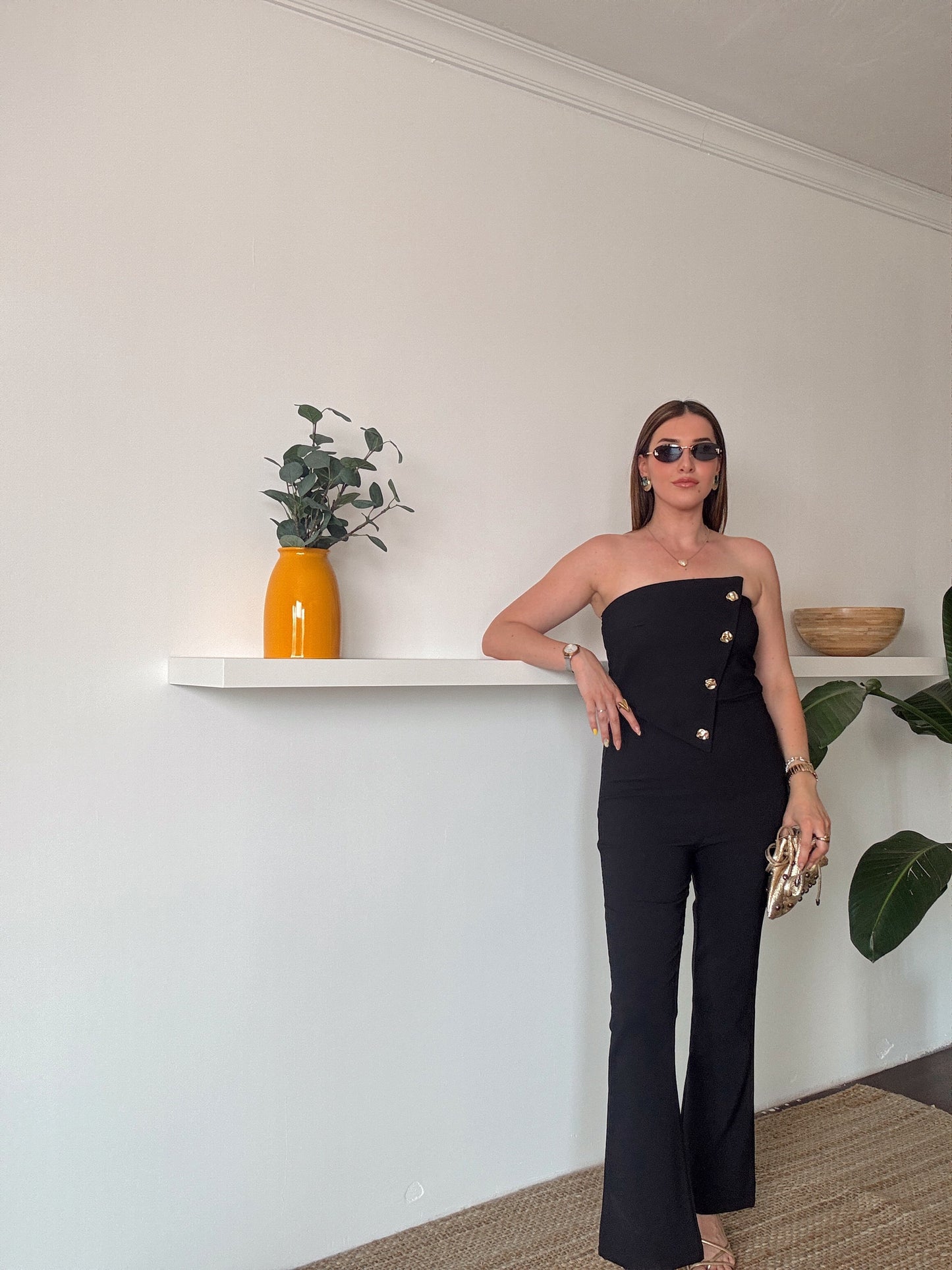 MİLENA gold düğme detaylı tulum SİYAH