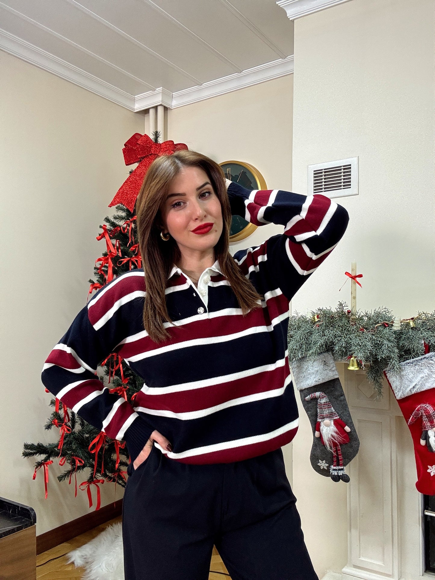 Düğmeli polo yaka triko kazak BORDO-LACİVERT