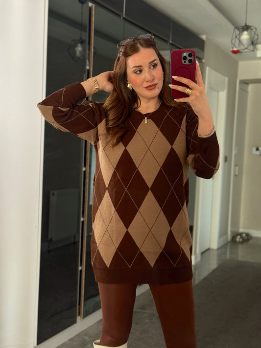 Pike Örgü Baklava Desenli Kazak ACI KAHVE