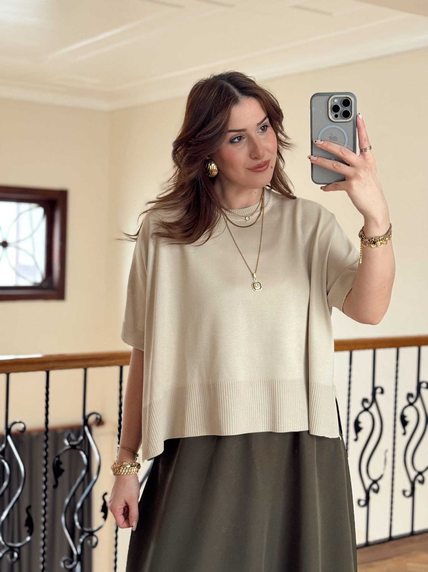 Kısa Kollu Oversize Triko Kazak-BEJ