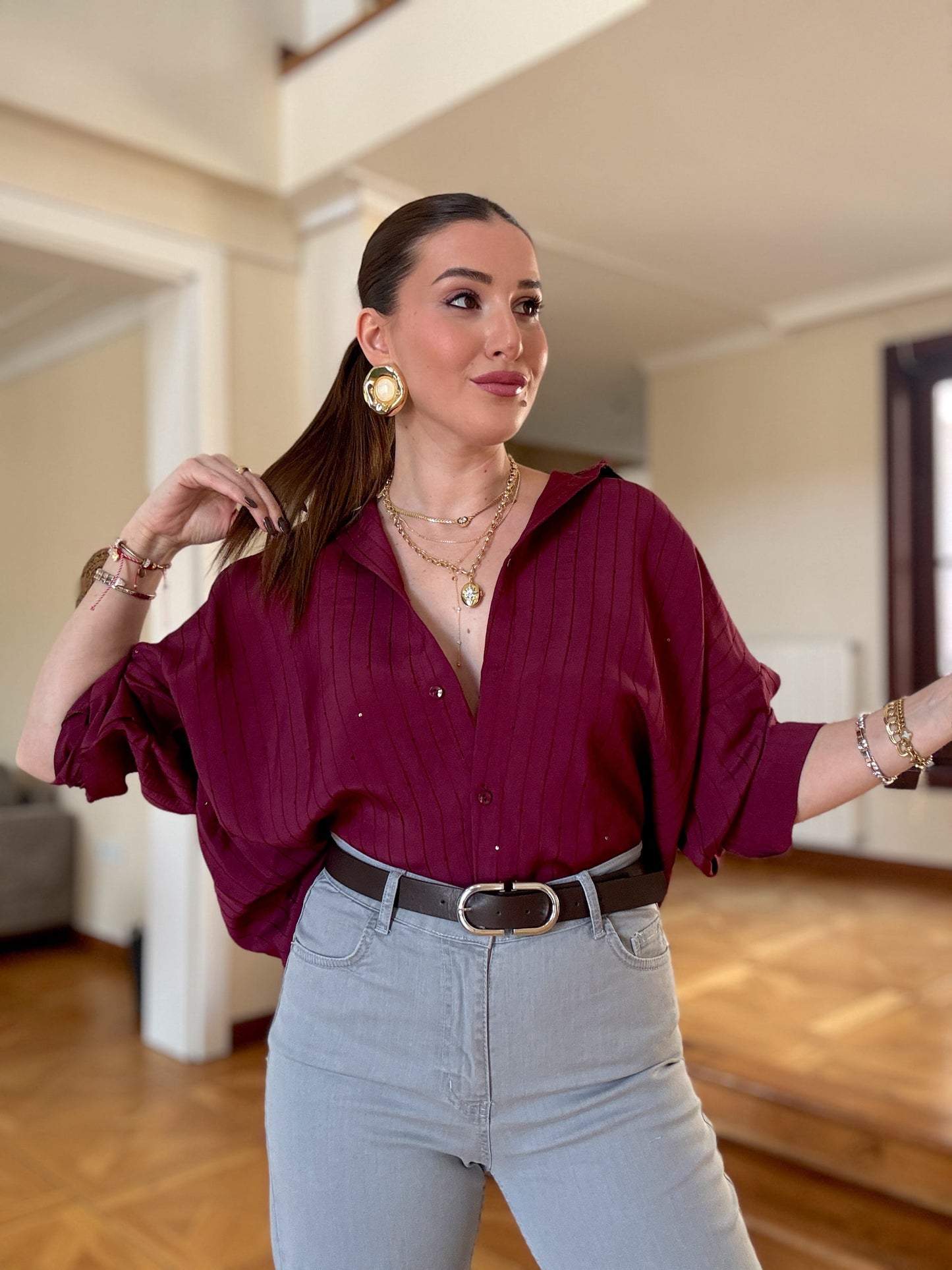 5 Düğme pullu gömlek Bordo