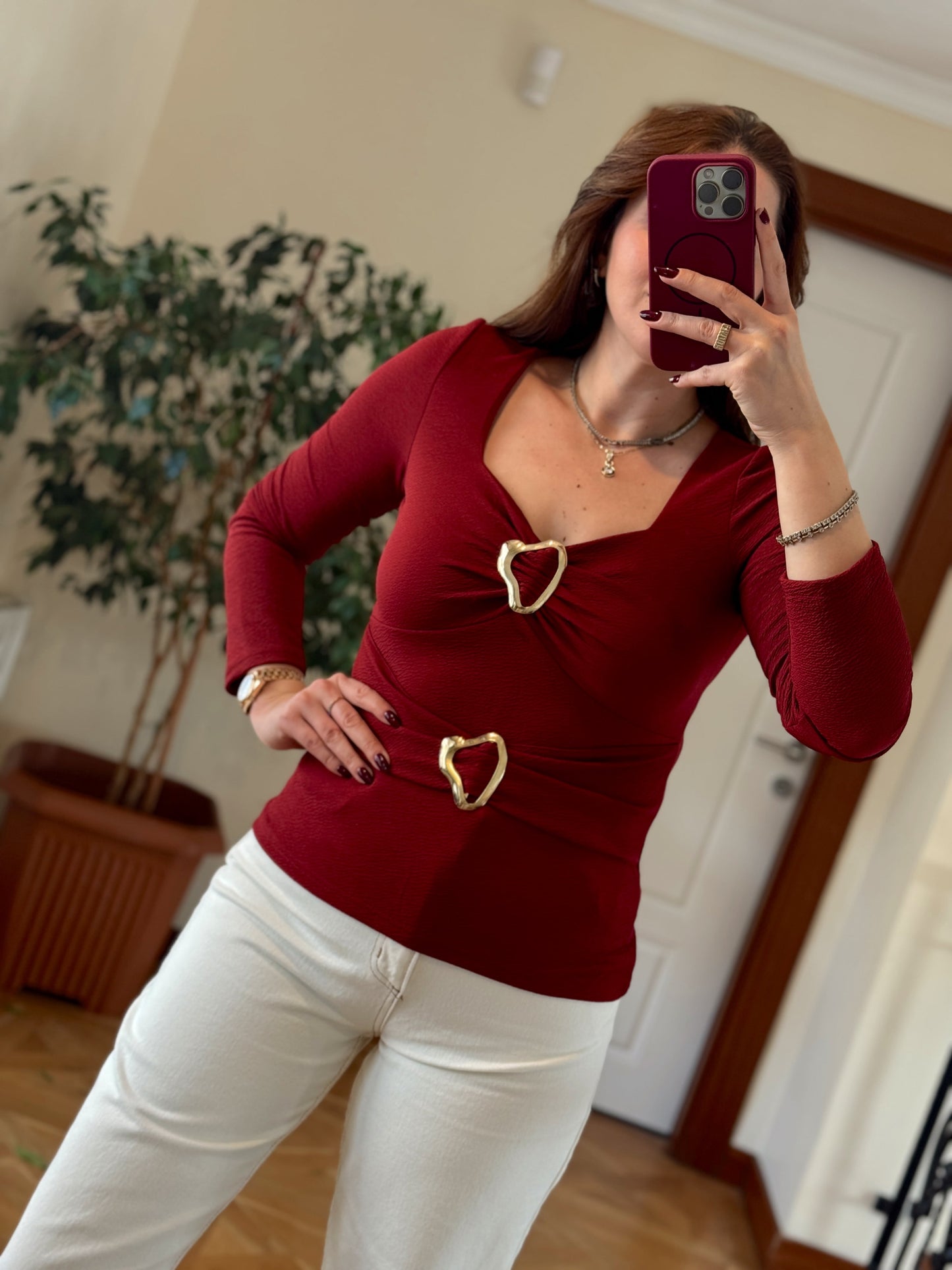 Çift tokalı bluz-BORDO