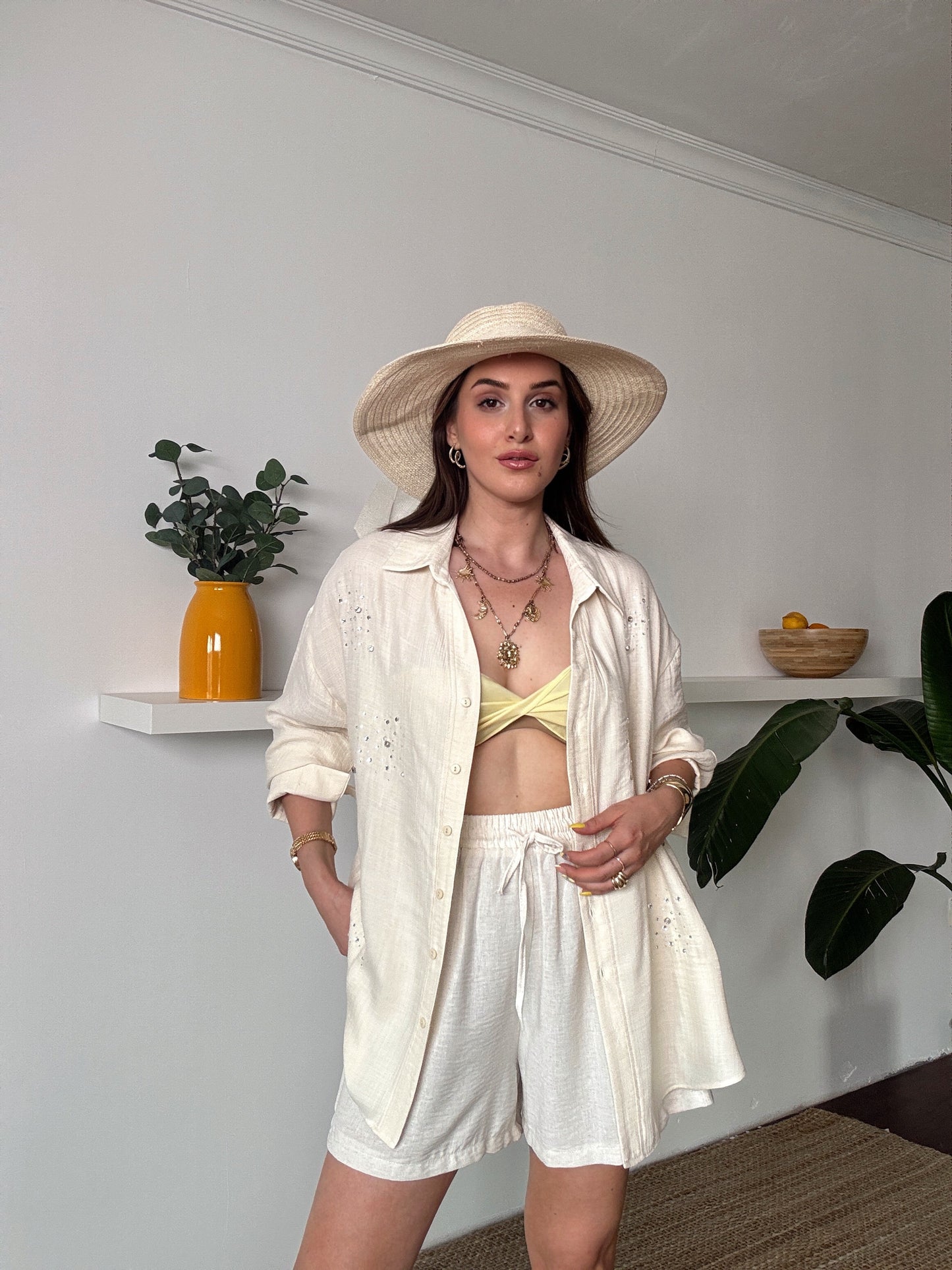 DİANA taş detaylı KETEN gömlek BEJ