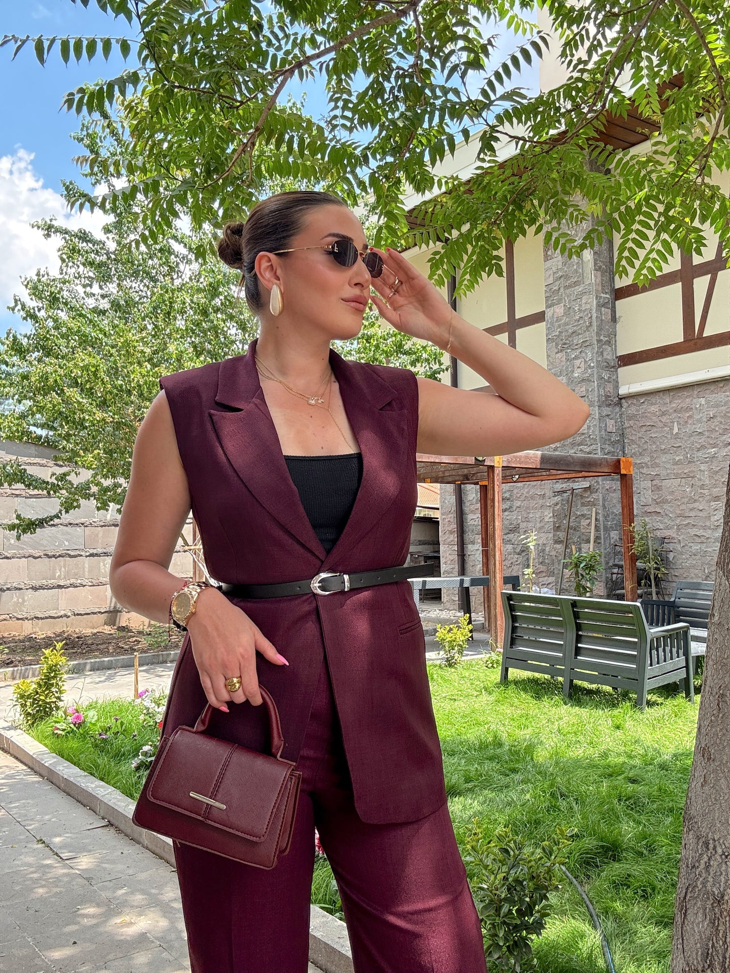 Toprak Uzun Yelekli Takım Mürdüm