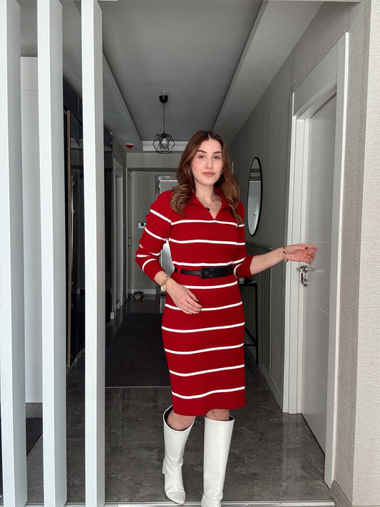 Polo Yaka Çizgili Kemerli Triko Elbise - KIRMIZI