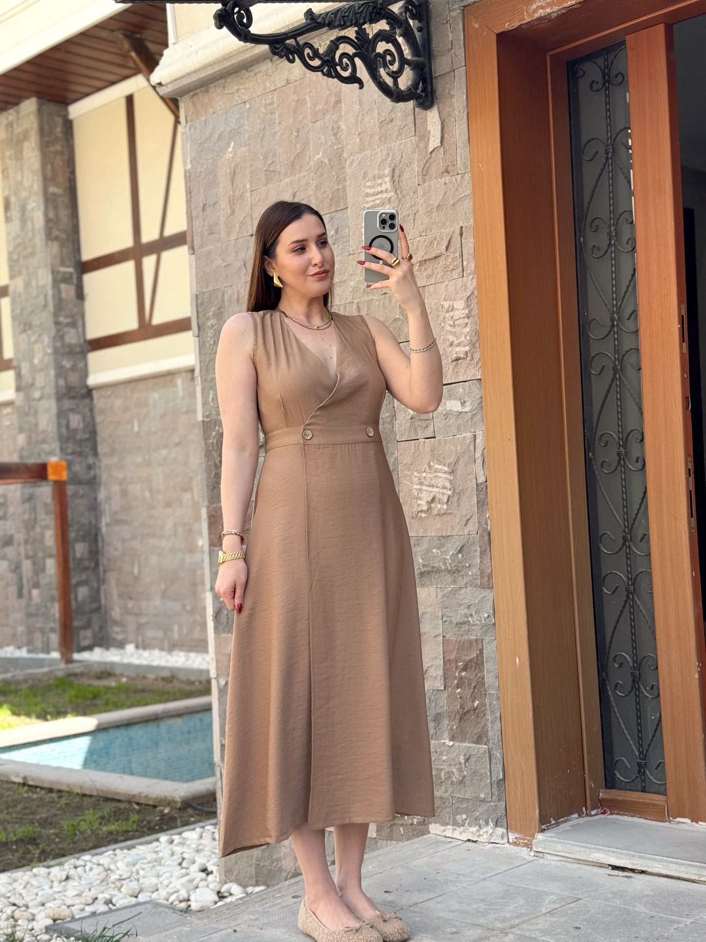 Keten düğmeli uzun elbise CAMEL
