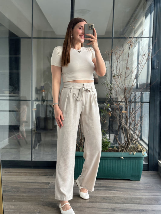 Kuşaklı Keten Pantolon - TAŞ