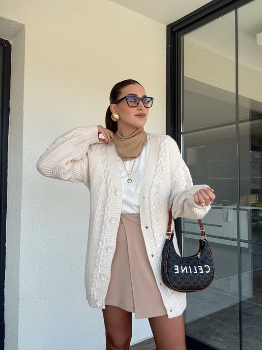 5 Düğmeli Saç Örgü Biyeli Hırka LATTE