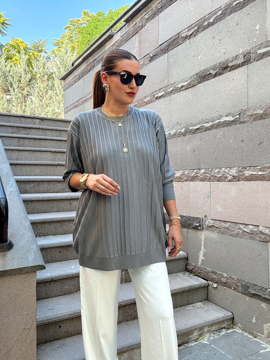 Şerit detaylı oversize premium kazak Gri