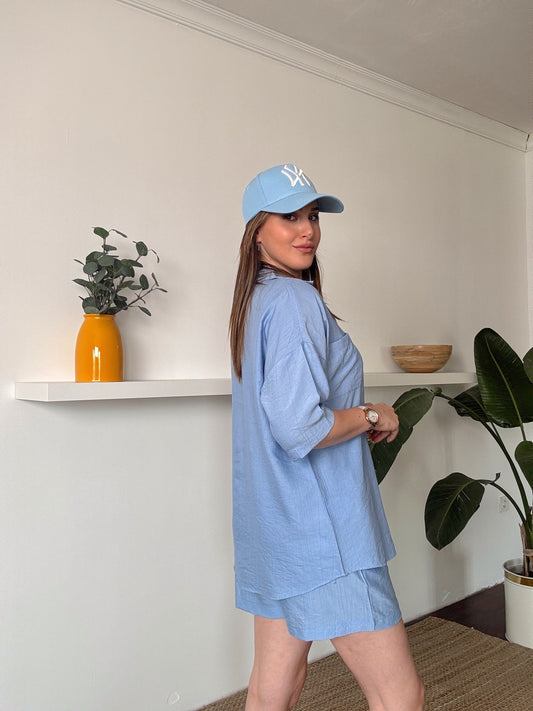 LİCARDİ keten şortlu gömlekli takım MAVİ