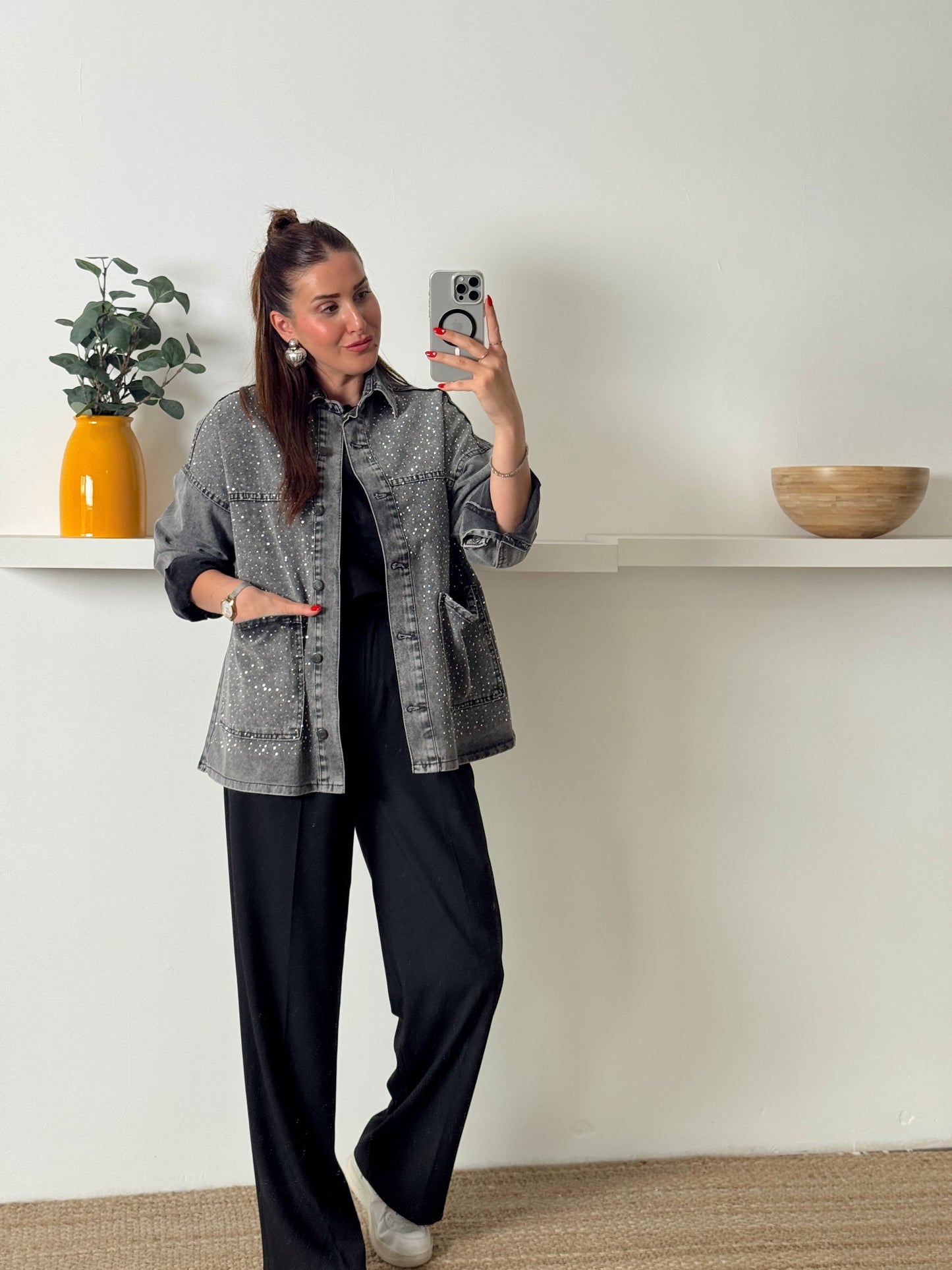 Cepli Taşlı oversize jean ceket Füme