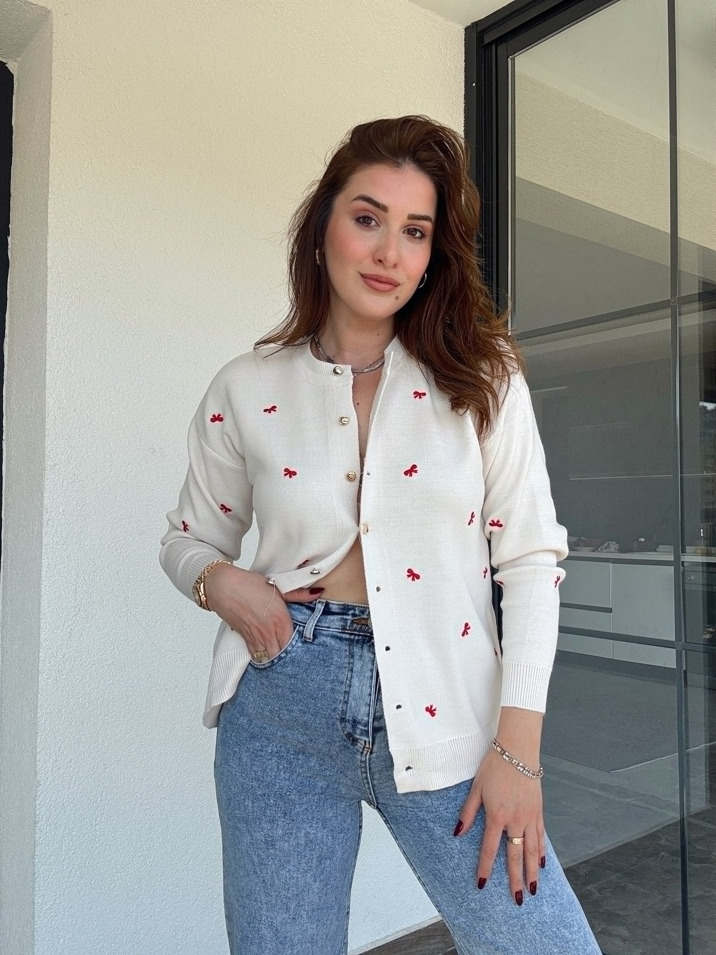 Kurdele nakış işlemeli hırka BEJ