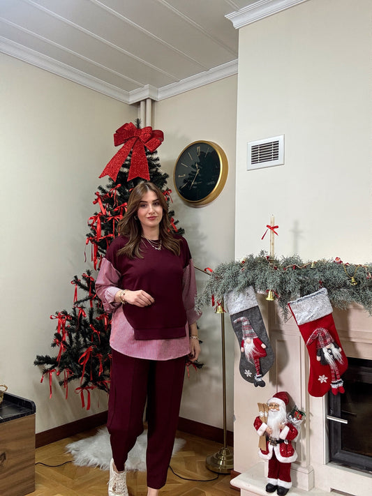 Terikoton arkası gömlekli modal takım-BORDO