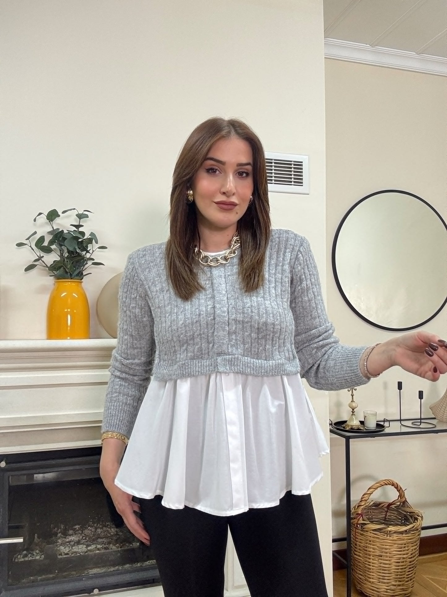 Poplin gömlek garnili triko kazak -GRİ