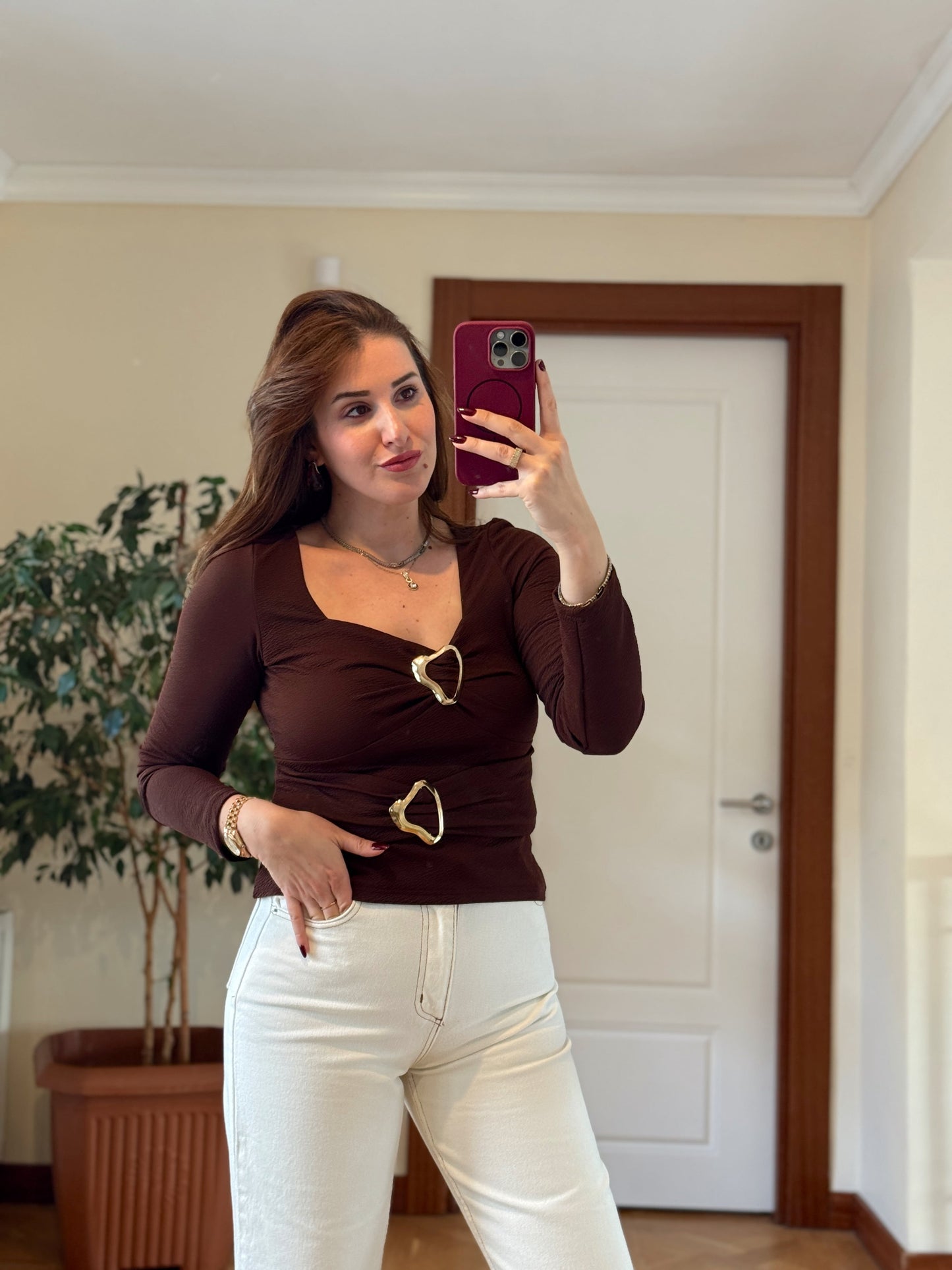 Çift tokalı bluz-KAHVERENGİ