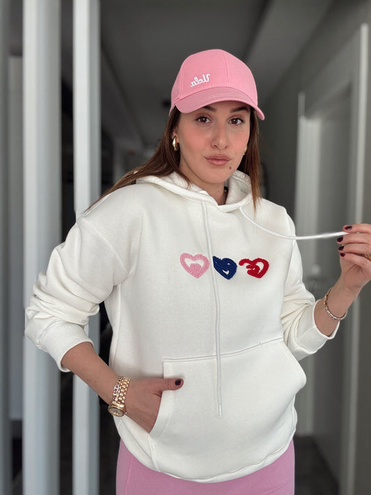 Kalp İşleme Kapüşonlu 3 İplik Sweatshirt - EKRU