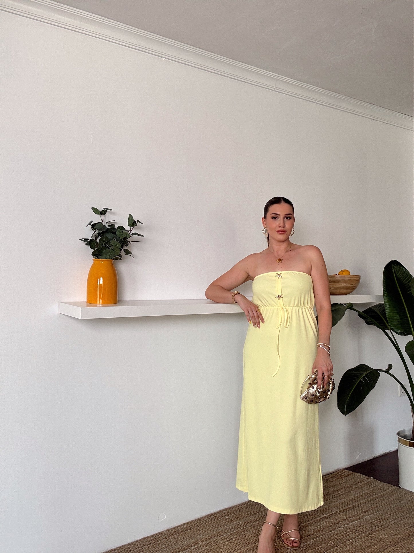 Straplez gold düğme detaylı fitilli elbise SARI