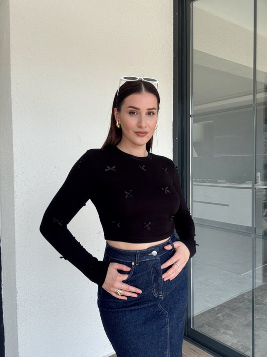 Fiyonklu Crop Bluz SİYAH