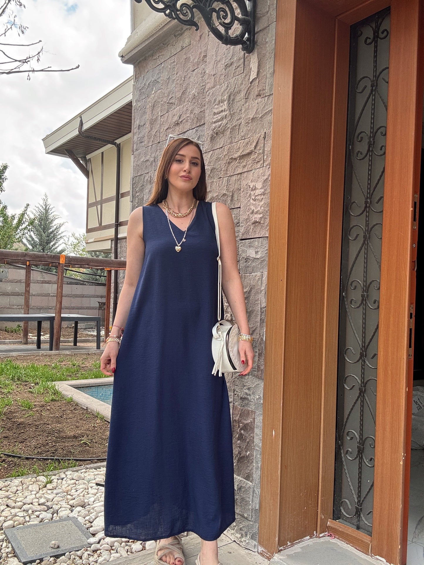 Kalın askılı keten elbise LACİVERT