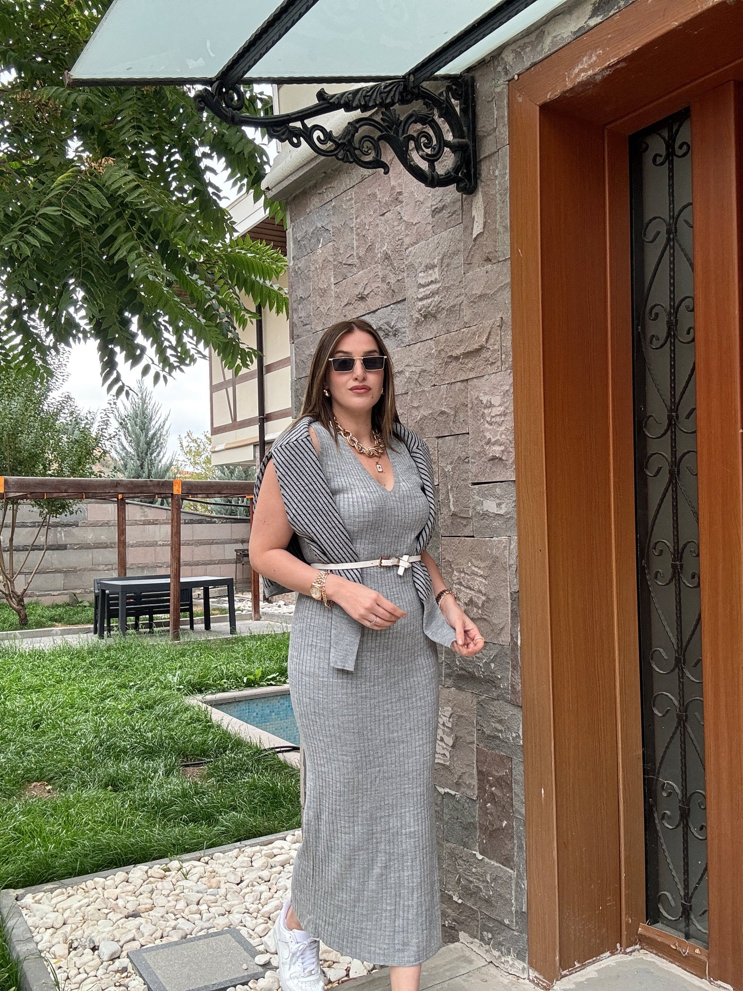 Yatay Çizgili Pikeli Jileli Takım - GRİ