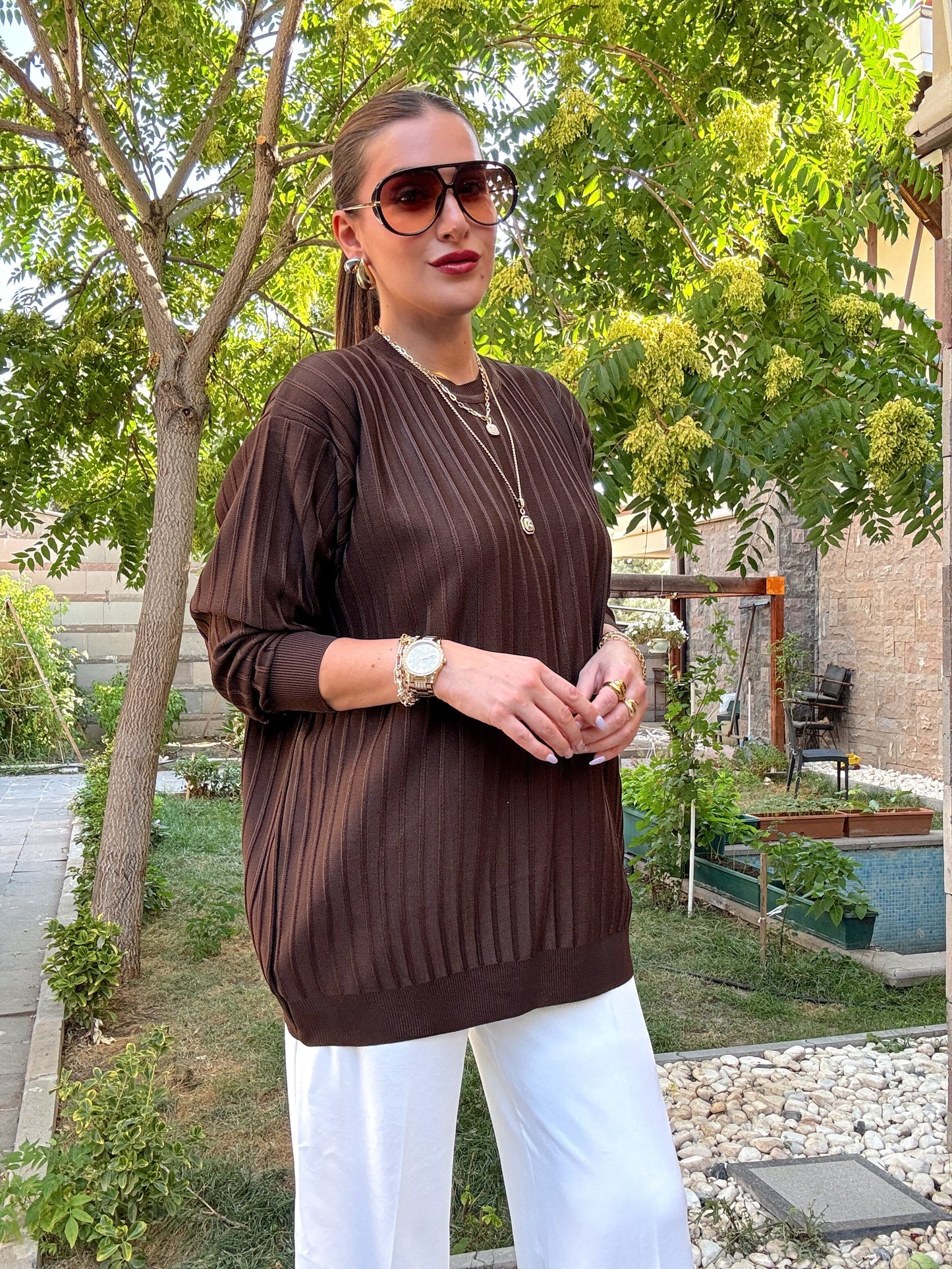 Şerit detaylı oversize premium kazak Kahve