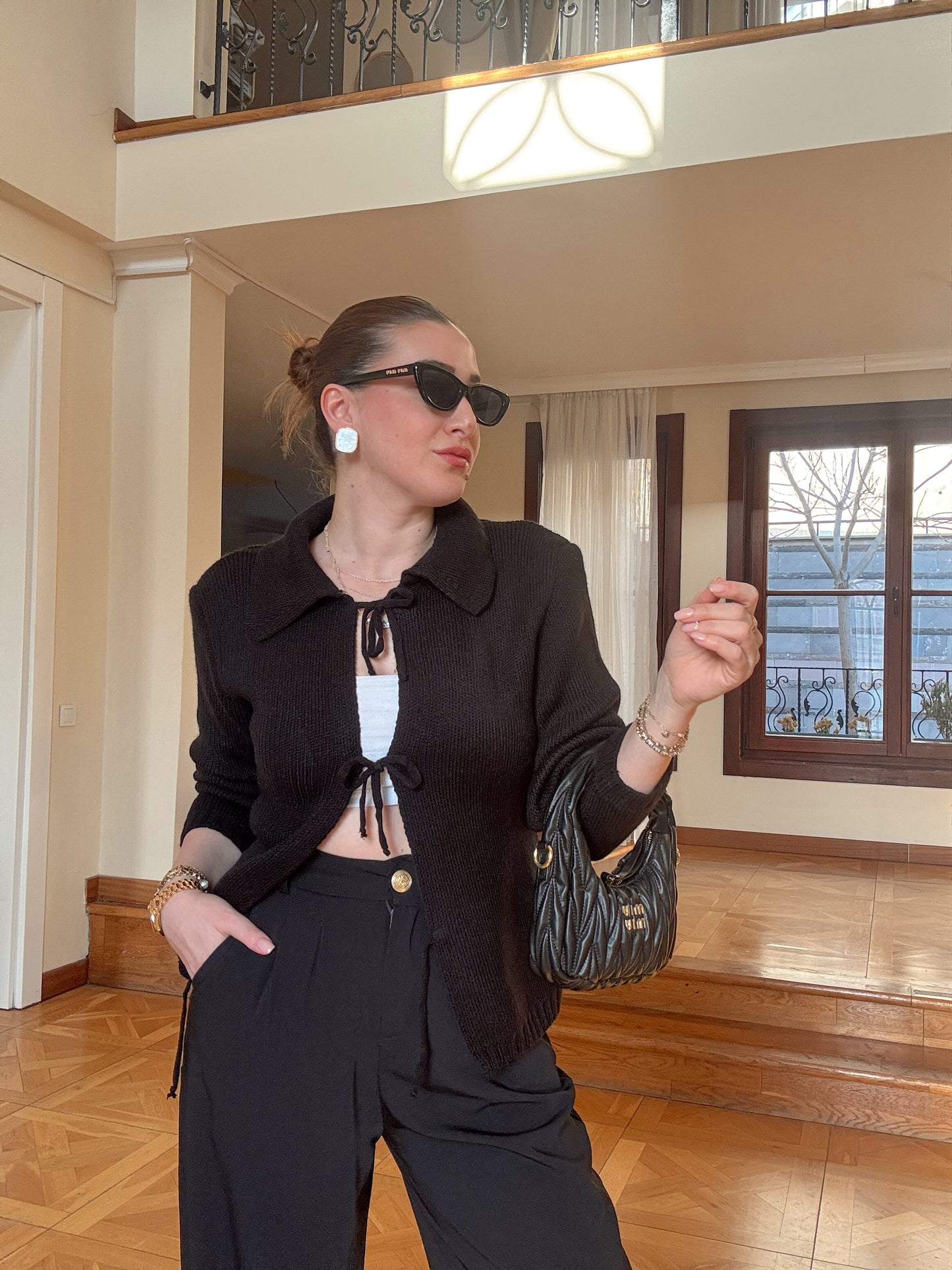 Bağcıklı triko ceket-SİYAH