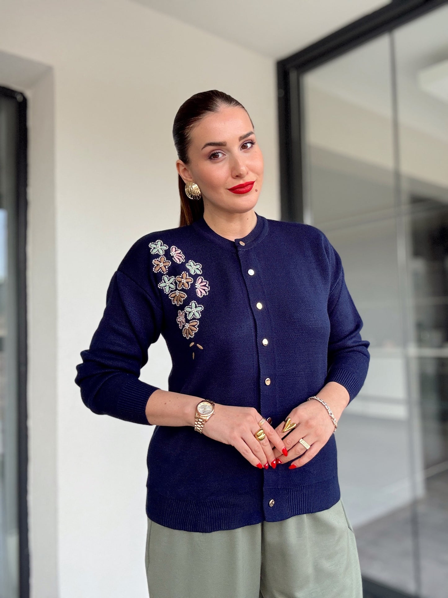 Papatya çiçekli hırka Lacivert