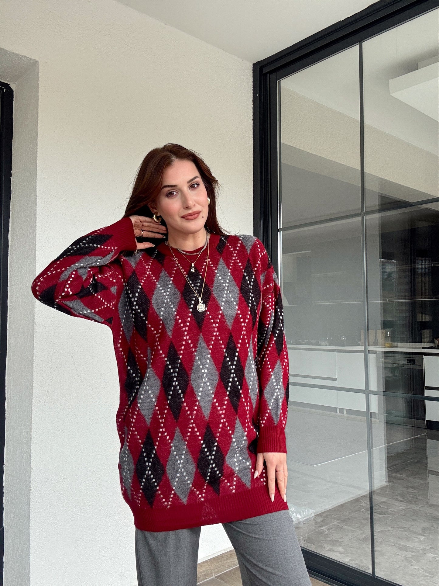 Tunik boy oversize baklava desenli kazak-BORDO